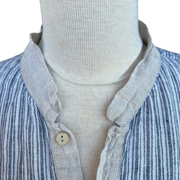 Mastro Moda Italy 100% Linen Stripe Popover Henley Top Blue Ecru Roll Tab Small - Picture 6 of 13